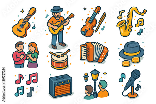 Street Musician Icons. Street musician playing instrument. Colorful isometric vector icons set of street musician playing instrument: guitar, violin,