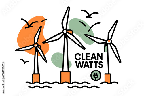 Dynamic Offshore Turbines. Offshore Wind Turbines. Slow-blade giants turn above gentle waves as seabirds trace tidy arcs; ?Clean Watts? hovers near a cable