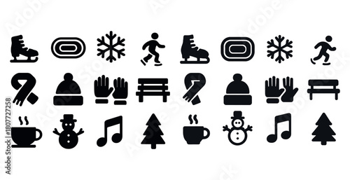 Winter activity icons: skating, snowflakes, hot drinks, music, and more