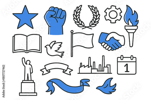 Socialist Symbols Doodle. // Socialist era symbols. Hand-drawn doodle illustration Socialist era symbols [red star (accented), worker fist (accented), wheat
