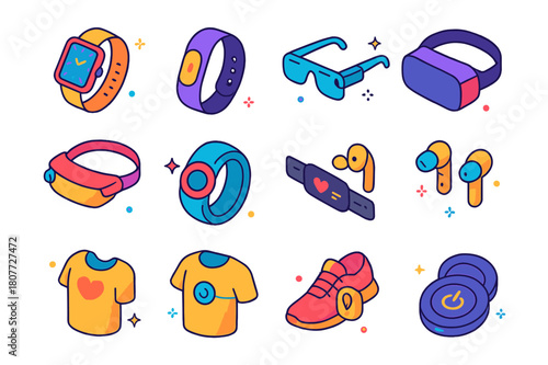 Colorful Wearable Icons. Wearables. Colorful isometric vector icons set of Wearables: smartwatch, fitness tracker band, smart glasses, VR headset, AR headset,