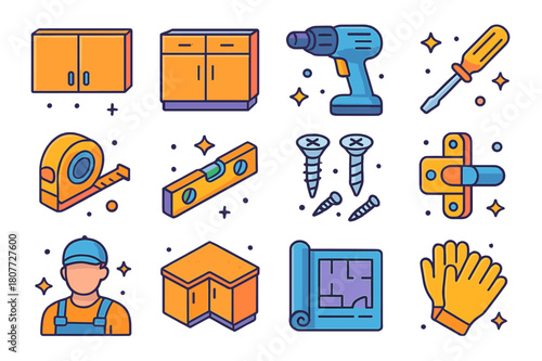 Colorful Remodeling Icons. Interior remodeling. Colorful isometric vector icons set of interior remodeling: upper cabinets, lower cabinets, drill, screwdriver,