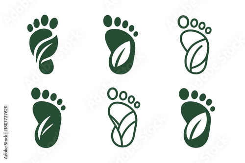 Leaf Footprint Logos. Hidden trail. Set Logo of Hidden trail: leaf-marked footprint. harmonious logo variations of the same emblematic concept, each with