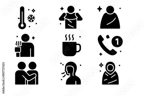 Hypothermia Aid Icons. Hypothermia first aid. Solid icons set of Hypothermia first aid: thermometer low reading, remove wet clothes, dry blanket, warm pack