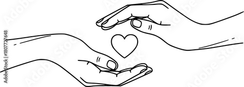 Two hands reaching towards each other, connected by a single line forming a heart shape