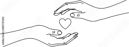 Two hands reaching towards each other, connected by a single line forming a heart shape