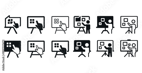 Icon set of presentation boards and hands: interactive design elements