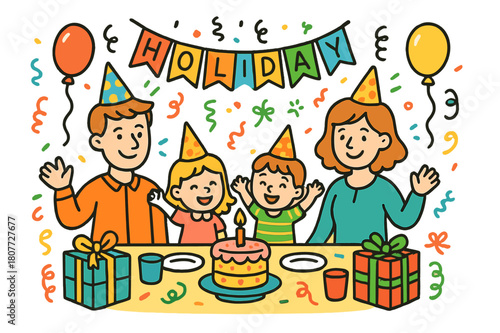Colorful Holiday Celebration. holiday celebration. Colorful Hand-drawn doodle Children illustration holiday celebration family, father, mother, children, cake,