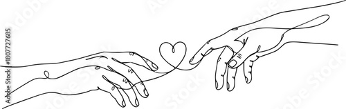 Two hands reaching towards each other, connected by a single line forming a heart shape