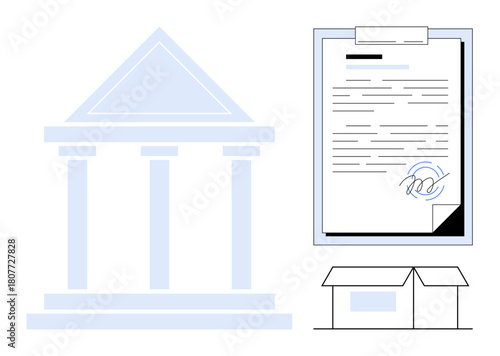 Building with columns, signed legal contract on clipboard, small package box. Ideal for legal process, government, banking, documentation, contract signing delivery compliance. Simple flat metaphor