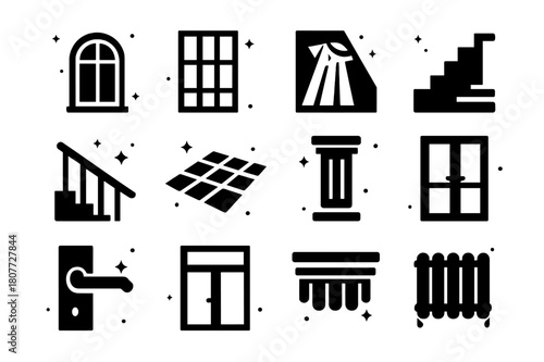 Architectural Window Icons. Window Light in Architecture. Solid icons set of Window Light in Architecture: arched window, steel mullions, skylight ray,