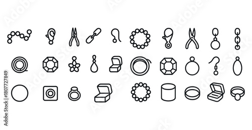 Jewelry icon set: necklaces, earrings, rings, bracelets, tools