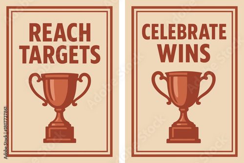 Retro Achievement Banners. # ACCOMPLISHMENT. Two vertical A6 banners with safe margins, centered composition, no elements touching edges, retro, red and beige,