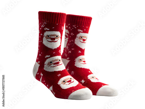 Full-length red and white Christmas socks with embroidered Santa motifs on invisible mannequin, soft wool-blend ribbed cuffs, cozy festive calf-length winter accessories