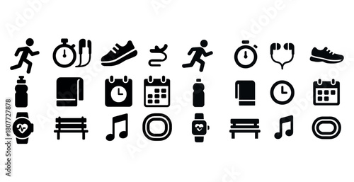 Running and fitness icons: stopwatch, shoes, calendar, heart rate, music