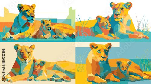 Vibrant geometric illustration of a lioness resting with her cub in a bright modern style. Bold colors and angular shapes create a lively and artistic wildlife design.