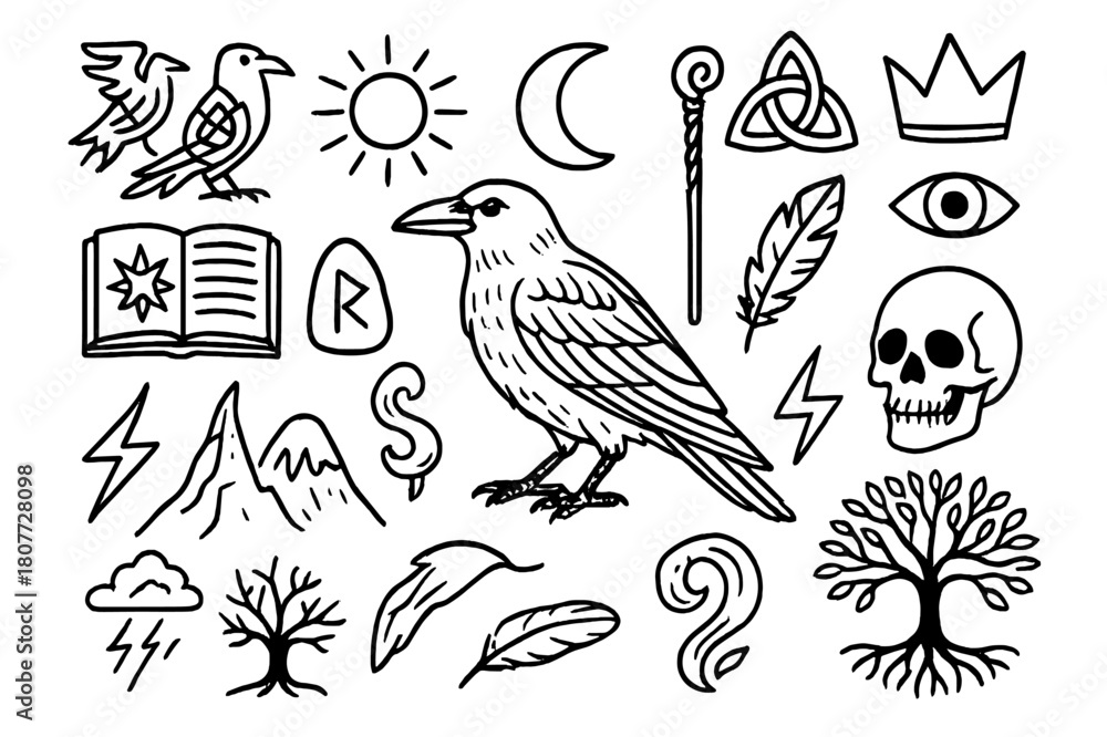 Naklejka premium Mythic Raven Symbols. Raven in mythology. Hand-drawn doodle illustration Raven in mythology Norse raven, Celtic knot, sun, moon, ancient book, magic staff,