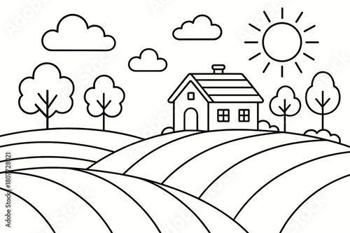 Countryside Coloring Fun. Countryside landscape children?s coloring book illustration, outlined drawing, rolling hills with a small farmhouse and trees,