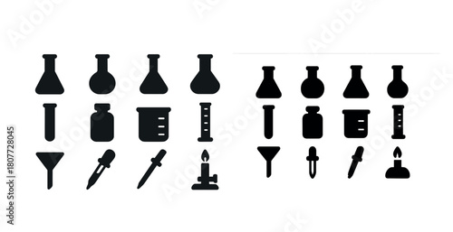 Silhouette lab equipment collection: flasks, bottles, droppers, and more