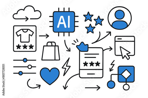 AI Recommendation Icons. // AI recommendation engine. Hand-drawn doodle illustration AI recommendation engine [AI chip (accented), star icons (accented),
