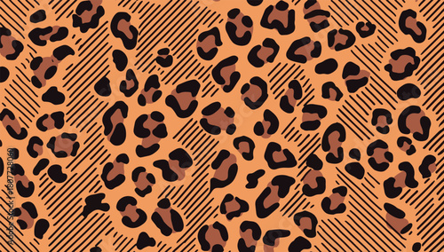 A seamless leopard print pattern featuring bold black and brown spots on an orange background. The modern, hand-drawn style creates a stylish, wild, trendy animal-print design suitable for fashion.