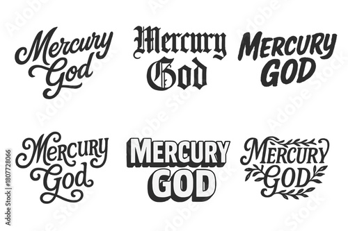 Mercury Lettering Variations. Mercury God. Set lettering. harmonious lettering variations of the same emblematic concept (Bold hand-lettering with playful
