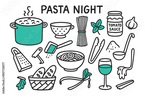 Pasta Night Essentials. // Pasta night. Hand-drawn doodle illustration Pasta night [boiling pot (accented), colander, spaghetti (accented), tomato sauce jar,