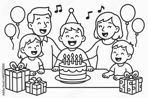 Family Birthday Coloring. Family birthday celebration children?s coloring book illustration, outlined drawing, family gathered around a table singing and