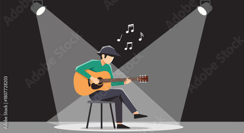 Flat vector guitarist performing acoustic music on stage with floating notes and clean lighting. Ideal for concert posters, music blogs, learning materials, and creative promotions