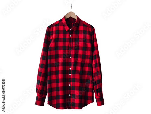 Full-length red and black buffalo check shirt hanging upright, smooth cotton with slim tailored fit, crisp collar and button placket, minimalist plaid fashion on white background