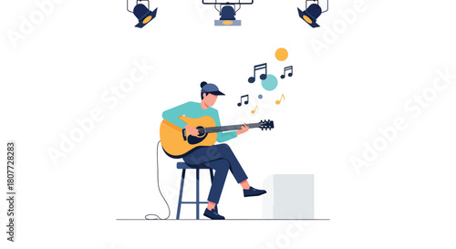 Flat vector guitarist performing acoustic music on stage with floating notes and clean lighting. Ideal for concert posters, music blogs, learning materials, and creative promotions