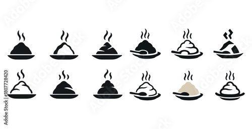 Set of twelve steaming rice bowl icons in monochrome