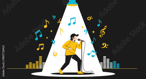 Flat vector singer holding microphone under spotlight with energetic pose. Ideal for music events, vocal lessons, concert promotions, and entertainment content