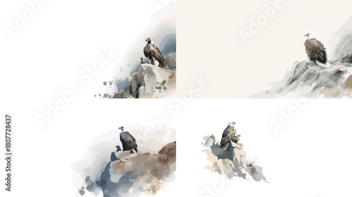 Minimal watercolor illustration of a vulture perched on rugged mountain rocks. Cool earthy tones highlight solitude, wild terrain, and the dramatic nature of high landscapes.