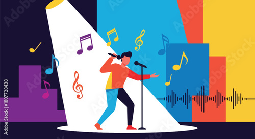 Flat vector singer holding microphone under spotlight with energetic pose. Ideal for music events, vocal lessons, concert promotions, and entertainment content