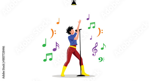 Flat vector singer holding microphone under spotlight with energetic pose. Ideal for music events, vocal lessons, concert promotions, and entertainment content