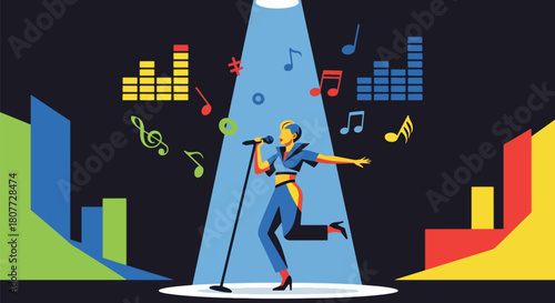 Flat vector singer holding microphone under spotlight with energetic pose. Ideal for music events, vocal lessons, concert promotions, and entertainment content