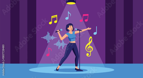 Flat vector singer holding microphone under spotlight with energetic pose. Ideal for music events, vocal lessons, concert promotions, and entertainment content
