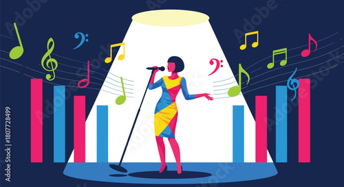 Flat vector singer holding microphone under spotlight with energetic pose. Ideal for music events, vocal lessons, concert promotions, and entertainment content