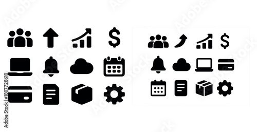 Business and technology icons: growth, communication, finance, and more