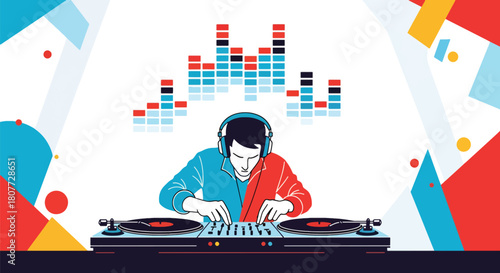Flat vector DJ mixing tracks on turntables with equalizer bars and headphones. Ideal for party posters, EDM promotions, club event graphics, and music festival materials
