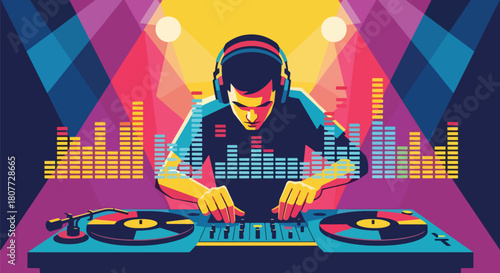 Flat vector DJ mixing tracks on turntables with equalizer bars and headphones. Ideal for party posters, EDM promotions, club event graphics, and music festival materials