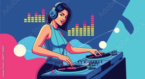 Flat vector DJ mixing tracks on turntables with equalizer bars and headphones. Ideal for party posters, EDM promotions, club event graphics, and music festival materials