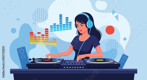 Flat vector DJ mixing tracks on turntables with equalizer bars and headphones. Ideal for party posters, EDM promotions, club event graphics, and music festival materials