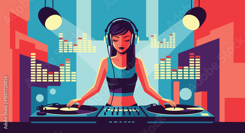 Flat vector DJ mixing tracks on turntables with equalizer bars and headphones. Ideal for party posters, EDM promotions, club event graphics, and music festival materials