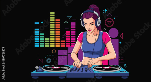 Flat vector DJ mixing tracks on turntables with equalizer bars and headphones. Ideal for party posters, EDM promotions, club event graphics, and music festival materials