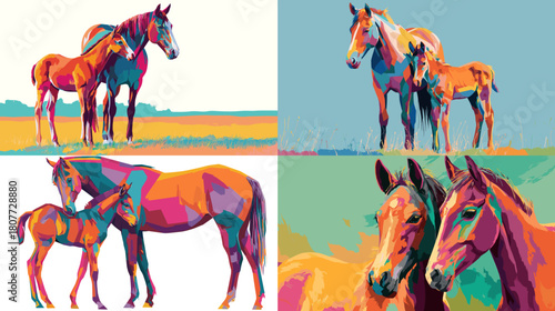 Vibrant geometric illustration of horses and foals standing together in a bright field. Bold colors and artistic shapes create a lively and modern equine design.