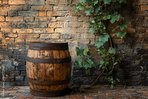 Weathered barrel beside a cracked brick wall, surrounded by creeping vines, with a blank, rustic backdrop for copy space