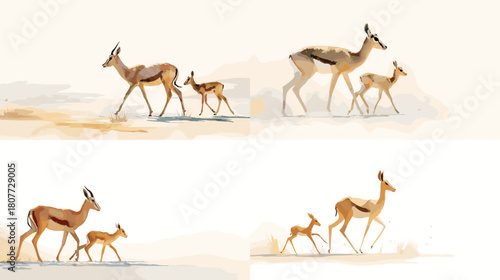 Soft watercolor illustration of an antelope walking with its calf across a warm open landscape. Gentle tones highlight wildlife grace, maternal care, and peaceful savanna movement.