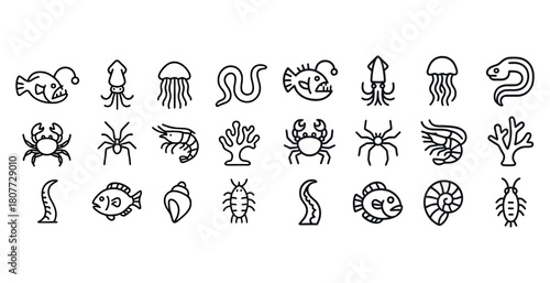 Collection of aquatic and marine life icons featuring fish, crabs, corals, and jellyfish